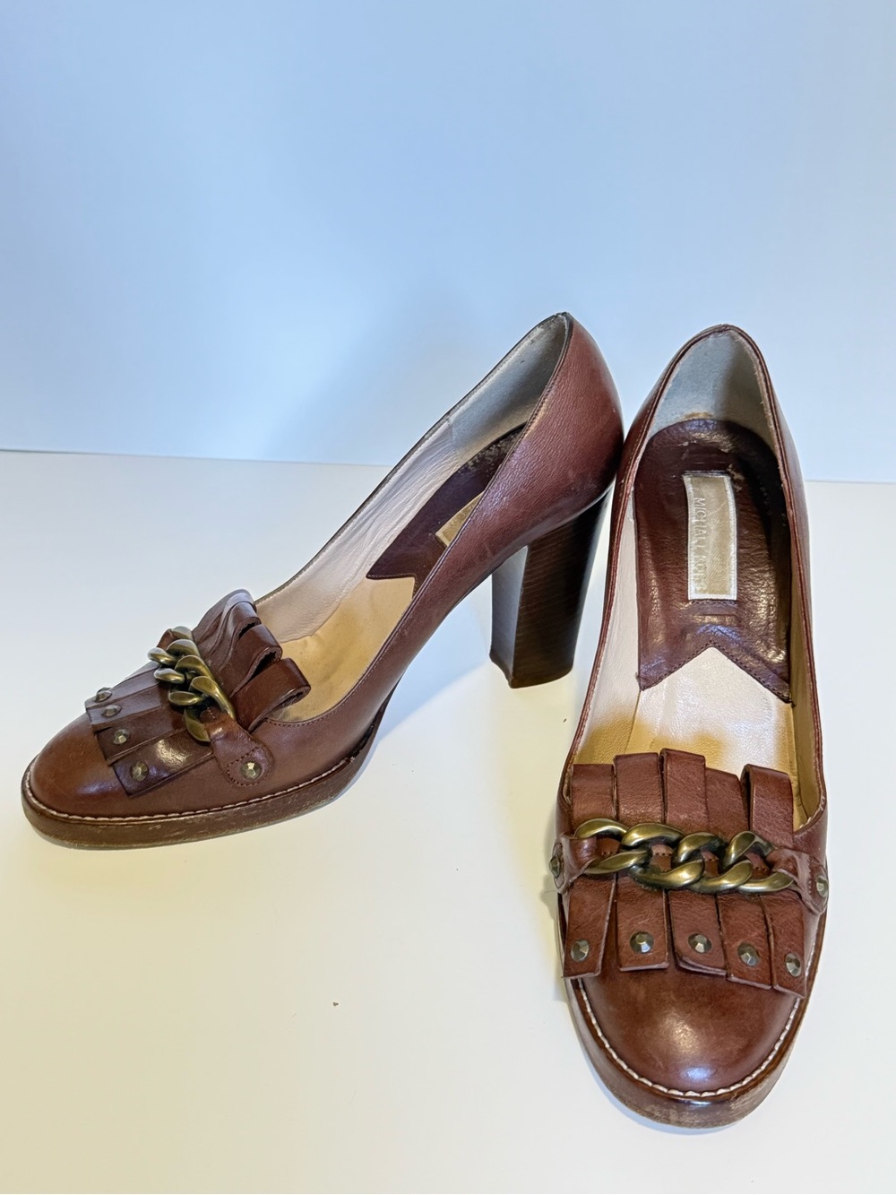 Michael Kors Brown Leather Fringe Chain-Detail Pumps